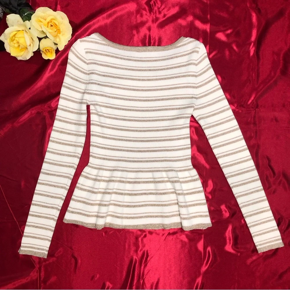 White House Black Market Boat Neck Peplum Hem Metallic Thread Stripped Sweater - Picture 3 of 11